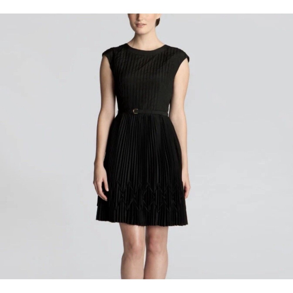 TED BAKER London Terna Accordion Pleat Belted Dress Goth Dark Academia Black 2